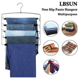 LBSUN Pants Hangers Non Slip Slacks Hangers Space Saving Stainless Steel Clothes Organizer Hanger for Scarfs,Towels,Belts,Pants (4 Pack Black- 5 Tiers Pants Hangers)