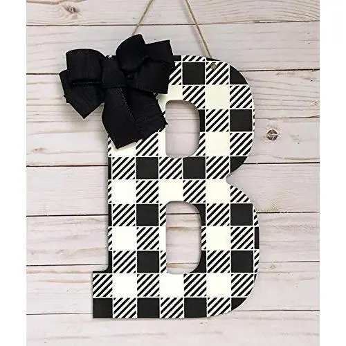Buffalo Plaid Door Hanger - Black and White Check Door Decoration - Monogram Wall Letters