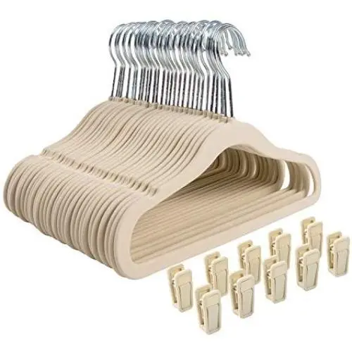Finnhomy Non-Slip Clothes Hanger for Baby and Kids 30-Pack Velvet Hangers with 10 Finger Clips,Beige Finnhomy Non-Slip Clothes Hanger for Baby and Kids 30-Pack Velvet Hangers with 10 Finger Clips,Beige