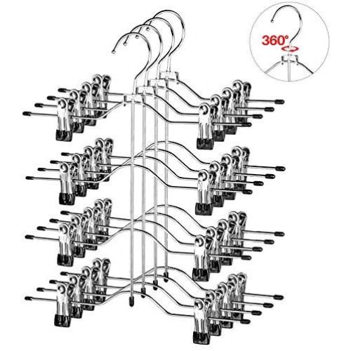 LT Nichalo Space Saving Skirt Hangers with Adjustable Clips, 4-on-1 Durable Metal Pants Hangers with 360 Degree Rotating Chrome Hook, 4 Pack