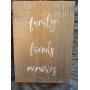 Vintage look FAMILY FRIENDS MEMORIES new calligraphy Chalk Couture style old time font jute hanger antique style primitive style. weathered wood sign