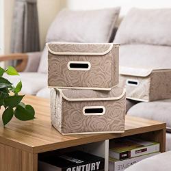 Prandom Collapsible Storage Boxes with Lids Fabric Decorative Storage Bins Cubes Organizer Containers Baskets with Cover Handles Divider for Bedroom Closet Living Room 9.8x7.9x6.7 Inch 3 Pack