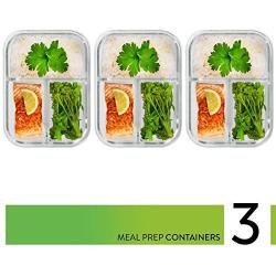 Prep Naturals Glass Meal Prep Containers 3 Compartment - Bento Boxes Containers Glass Food Storage Containers with Lids - Food Containers Food Prep Containers Glass Storage Containers with Lids 3 Pack