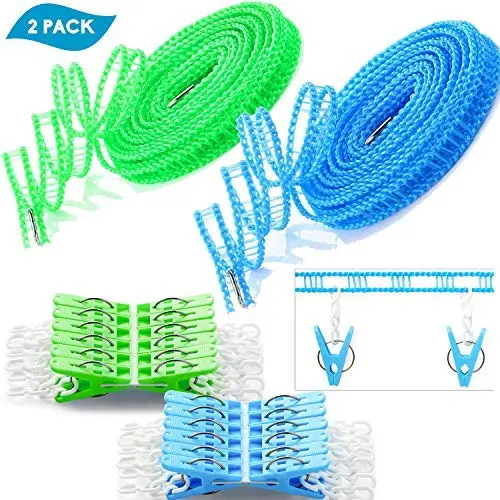 Foshine Clotheslines 2 Pack Clothesline Clothes with 24 pcs Clips Drying Rope Portable Windproof Travel Clothesline for Indoor Outdoor Laundry Perfect Windproof Clothes Line, Hanger for Camping Home Foshine Clotheslines 2 Pack Clothesline Clothes with 24 pcs Clips Drying Rope Portable Windproof Travel Clothesline for Indoor Outdoor Laundry Perfect Windproof Clothes Line, Hanger for Camping Home