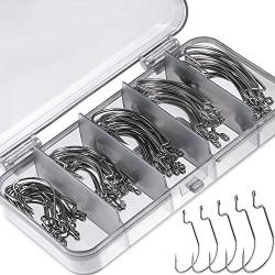 PLUSINNO 100Pcs Fishing Hooks, High Carbon Steel Offset Worm Hooks with Plastic Box, Strong Sharp Soft Bait Jig Fish Hooks with Barbs for Bass Freshwater Saltwater