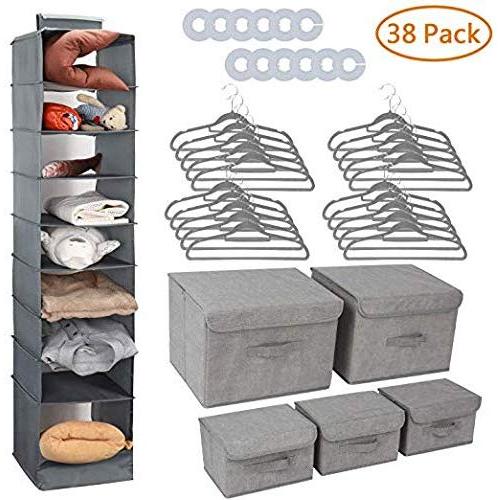 Collapsible Nursery Closet Organizer, 38 Complete Storage Organizer Set with Hanging Shelves, Fabric Storage Boxes, Non Slip Velvet Hangers, Round Clothes Rividers, Closet Organizer for Sweater, Grey