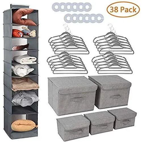 Collapsible Nursery Closet Organizer, 38 Complete Storage Organizer Set with Hanging Shelves, Fabric Storage Boxes, Non Slip Velvet Hangers, Round Clothes Rividers, Closet Organizer for Sweater, Grey Collapsible Nursery Closet Organizer, 38 Complete Storage Organizer Set with Hanging Shelves, Fabric Storage Boxes, Non Slip Velvet Hangers, Round Clothes Rividers, Closet Organizer for Sweater, Grey