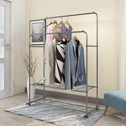 BOFENG Clothes Rack Metal Garment Racks Heavy Duty Indoor Bedroom Cool Clothing Hanger with Top Rod and Lower Storage Shelf Black Silver