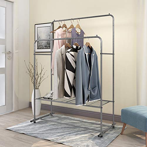 BOFENG Clothes Rack Metal Garment Racks Heavy Duty Indoor Bedroom Cool Clothing Hanger with Top Rod and Lower Storage Shelf Black Silver