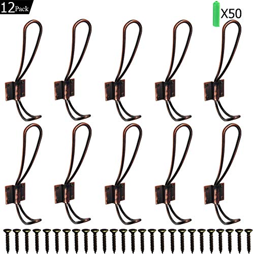 Rustic Farmhouse Entryway Hooks 12 Pack Decorative Vintage Hangers Wall Mounted Hard Antique Industrial Heavy Duty Hook Set Double Farmhouse Utility Hook Se Best for Clothes Hanger (Bronze)