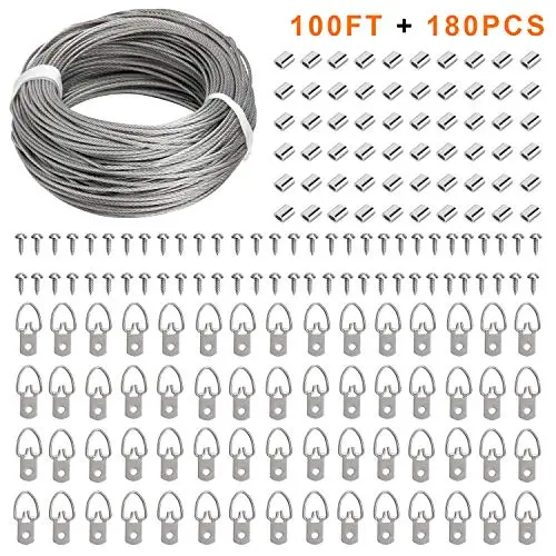 Picture Hanging Kit, 60 Pcs D Ring Picture Hangers with Screws and 100 Feet Stainless Steel Hanging Wire, for Hanging Paintings Photos