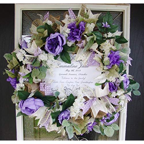 Purple Welcome Home New Baby Deco Mesh Front Door Wreath, Nursery Decor, Bedroom Decoration, Announcement, Hospital, Shower, Newborn, Hanger