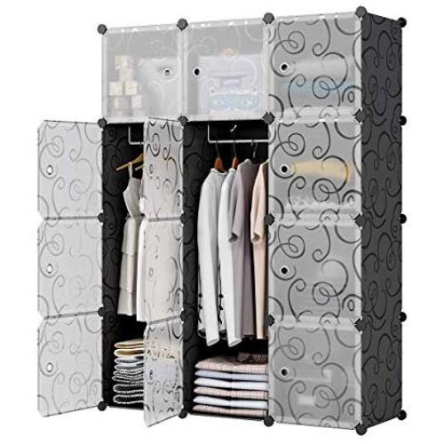 KOUSI Portable Closet Wardrobe Closet Portable Closet Wardrobe Bedroom Armoire Sturdy Clothes Closet Tall Dresser Portable Sturdy Closet Sturdy Portable Closet,Black, 6 Cubes + 2 Hanger