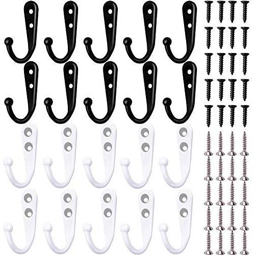 HiGift 20 Pieces Wall Mounted Coat Hooks Robe Hooks Cloth Hangers Coat Hangers Coat Hooks Rustic Hooks and 25 Pieces Screws for Bath Kitchen Garage Single Coat Hangers (White & Black Color)