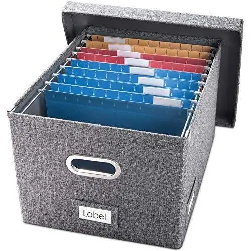 Prandom File Organizer Boxes - Set of 1 Collapsible Decorative Linen Filing Storage Hanging File Folders with Lids Office Cabinet Letter/Legal Size (17x14x11.2 inch)…