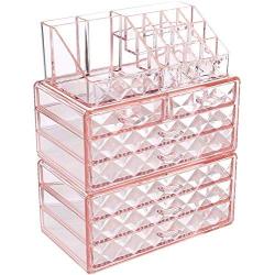 Ikee Design Acrylic Diamond Pattern Jewelry & Cosmetic Storage Display Boxes 3 Pieces Set, Pink