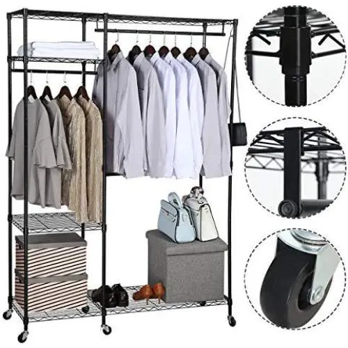 BRIAN & DANY Free-Standing Closet Garment Rack, Heavy Duty Clothes Wardrobe, Rolling Clothes Rack,Closet Storage Organizer with Hanger Bar,Contains 10 s Hooks,Black