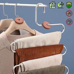 DailyTreasures S-Shaped Pants Hangers, Stainless Steel 5 Layer S-Type Clothes Hangers with 4 Clips + 2 Cedar Rings, Non Slip Trouser Hanger for Jeans, Scarf, Tie, Clothes, Closet Space Saving