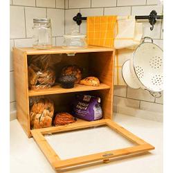 Goodpick 2-Layer Bamboo Bread Boxes 15.8" x 14" x 9.8" Large Size Bread Storage Bin on Countertop Shelf - Extra Large bread boxes for Kitchen Counter with Transparent Window, 2 More Loaf Bread Box