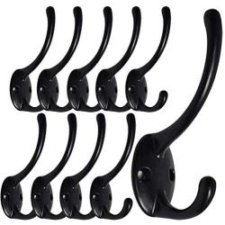 Dual Coat Hook/Hat Hooks Hardware(Upgraded&Thickened),10 Pack Heavy Duty Metal Double Coat Hanger - Wall Mounted (Two Types of Screws Included),Black Wall Hooks for Scarf, Bag, Towel, Key, Cap(10pack)