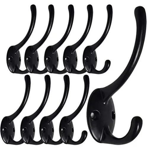 Dual Coat Hook/Hat Hooks Hardware(Upgraded&Thickened),10 Pack Heavy Duty Metal Double Coat Hanger - Wall Mounted (Two Types of Screws Included),Black Wall Hooks for Scarf, Bag, Towel, Key, Cap(10pack)