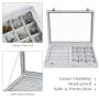 Yomitt Ice Velvet Clear Lid Jewelry Boxes Organizer with Lock 7 Rows Earring Ring Case 12 Grid Jewelry Storage Boxes for Girls,Gray(2 in 1)