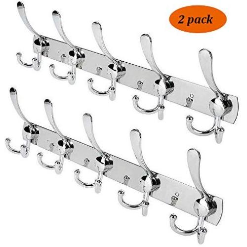 JOSHNESE Wall Mount Coat Hooks,5 Tri Hooks Heavy Duty Stainless Steel Hook Rail for Coat Hat Towel Robes Mudroom Bathroom Entryway（2 Pack,Silver
