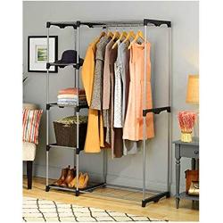 BS Clothing Garment Rack Heavy Duty Organizer Storage Rack Portable Clothes Hanger Double Rob Closet Cover Wardrobe Bedroom Living Room Hanging Rods Support 5 Shelves & eBook by BADA Shop