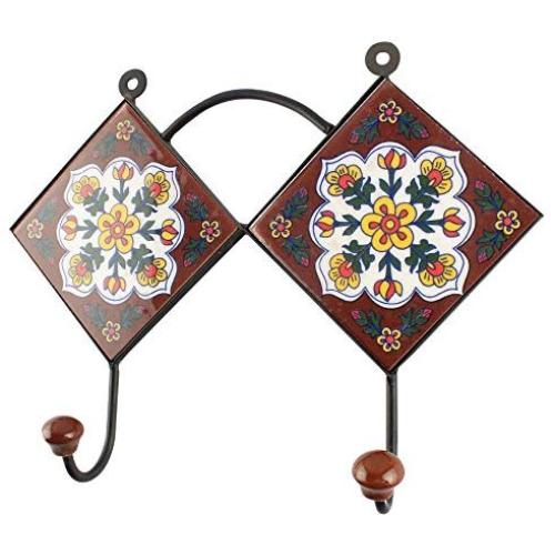 Indianshelf Handmade 1 Artistic Vintage Brown Ceramic Floral Coat Hooks Holders/Wall Hooks for Pictures