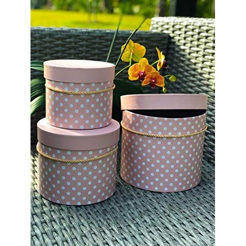 [USA-SALES] Premium Quality Round Flower Box, Gift Boxes for Luxury Flower and Gift Arrangements, Set of 3 pcs, with Lids, Size (S/M/L) (Pastel Pink White Dots)