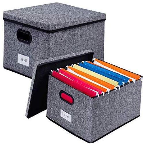 homyfort File Storage Organizer Boxes - 2 Pack, Collapsible Linen Fabric Decorative Box, Office Filing Holders and Easy File Folder for Closet Shelves Gray