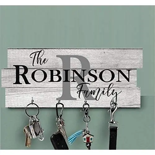 Elegant Personalized grey key holder and Dog Leash for wall, Wall Key Rack, Family Name sign, Rustic Wood Key Hanger, Anniversary gift, Custom Wood Key Holder, Wedding Gift, Organizer hallway