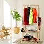 Homfa Bamboo Clothes Rack on Wheels Rolling Garment Rack with 2-Tier Storage Shelves and 4 Coat Hooks for Shoes, Clothing