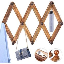 BUZIFU Coat Rack Shelf Expandable Accordion Wooden Clothes Hat Hanger Wall Mounted Coat Rack with 10 Peg Hooks Folding Wooden Hook Rack for Hallway Bathroom Living Room Kitchen, Rustic Walnut Color