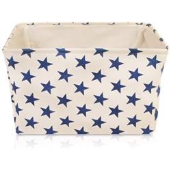 White Star Canvas Storage Basket Boxes for Household Storage with Blue Stars. 16.5in x 12.5in x 7.5in