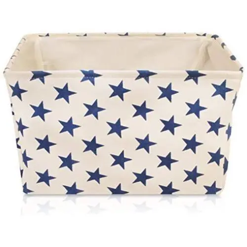 White Star Canvas Storage Basket Boxes for Household Storage with Blue Stars. 16.5in x 12.5in x 7.5in