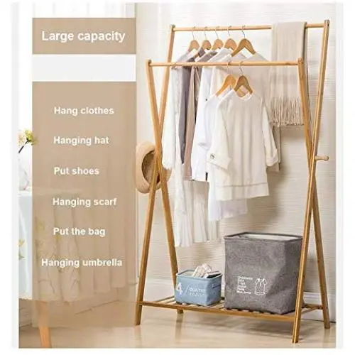 ZGstore Coat Rack Shoe Rack - Clothes Drying Rack - X-Frame Double Pole Bamboo Coat Hanger Shlef with 2 Hooks, Shoe Racks Organizer Storage for Bedroom, Hallway, Office, Dressing Room (Wood Color)