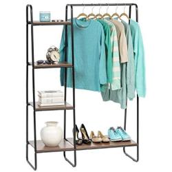 IRIS USA, Inc. PI-B3 IRIS Metal Garment Rack with Wood Shelves, Black/Dark Brown