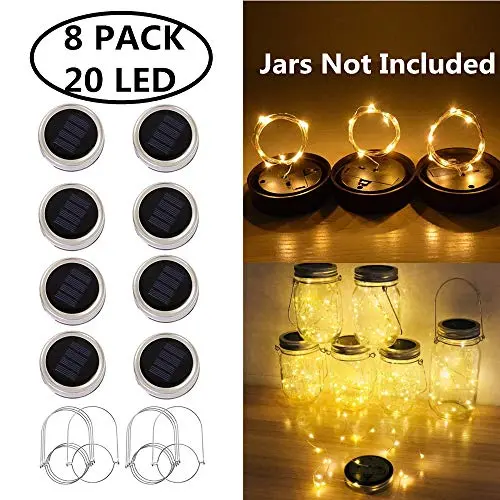 Solar Mason Jar Lid Lights, 8 Pack 20 Led String Fairy Star Firefly Jar Lids Lights, 8 Hangers Included(Jars Not Included), Perfect for Mason Jar Lanterns Decor, Patio, Wedding Decor (Warm White)