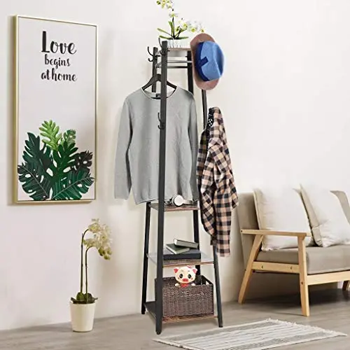 JKRED Industrial Style Coat Rack with 3-Tier Storage Shelves, Multipurpose Hanger for Entryway, Clothes Laundry Coat Stand with 8 Hooks, 70.9 inches