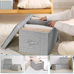 JustRoomy Folding Fabric Storage Boxes Ottoman Bench Foot Rest Toy Boxes with Lift Top Lids Non-woen Compartment Drawers for Bedroom Living Room 21.65x16.55x10.24 inch