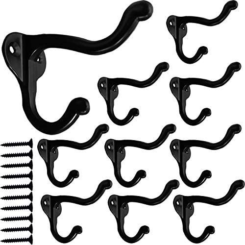 Black Coat Hooks for Wall, 10Pcs Wall Hooks Hardware Heavy Duty Hooks for Hanging Coats Double Hooks No Rust Hooks Wall Mounted with Screws for Key, Towel, Bags, Cup, Hat