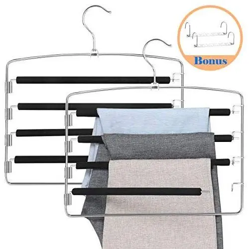 Eggsnow Pants Hangers Space Saving Hangers 2 Pack Stainless Steel Trousers Hangers Clothes Hangers Organizer with Foam Padded Swing Arm for Jeans Scarf-Black