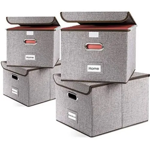 Prandom File Organizer Boxes - Set of 4 Collapsible Decorative Linen Filing Storage Hanging File Folders with Lids Office Cabinet Letter Size (15x12.2x10.75 inch)