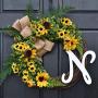 Yellow Sunflower and Boxwood Grapevine Wreath with Green Ferns and Burlap Bow for Summer Fall Farmhouse Front Door Decor; Personalized Monogram Option