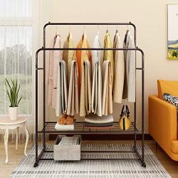 JURMENT Clothes Garment Rack Metal Heavy Duty Double Rail Organizer 2 Hanging Rods Installed Multi-Purpose Portable Entryway Shelving,Bronze