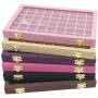 Funnuf 54 Grids Linen Jewelry Display Storage Boxes Tray Holder with Glass Lid for Ring Earrings,Rose Red