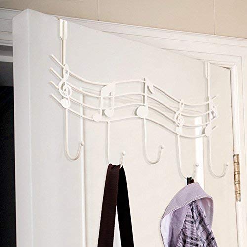 yodaliy Door Hanger Hook, Door Back Metal Music Note Over Door 5 Hooks Coat Clothes Storage Rack Wall Hanger Kitchen Bathroom Organizer(White,White)
