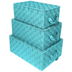 Sorbus Storage Boxes Woven Basket Bin Container Tote Cube Organizer Set Stackable Storage Basket Woven Strap Shelf Organizer Built-in Carry Handles (Woven Lid Baskets - Aqua)