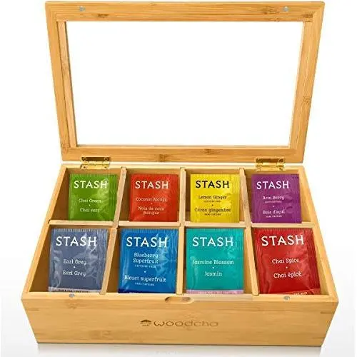 Woodcha Natural Bamboo Tea Boxes Storage Organizer- 8 Compartments Tea Bag Holder with Clear Glass Lid- Natural Wooden Finish Tea Storage Organizer Woodcha Natural Bamboo Tea Boxes Storage Organizer- 8 Compartments Tea Bag Holder with Clear Glass Lid- Natural Wooden Finish Tea Storage Organizer